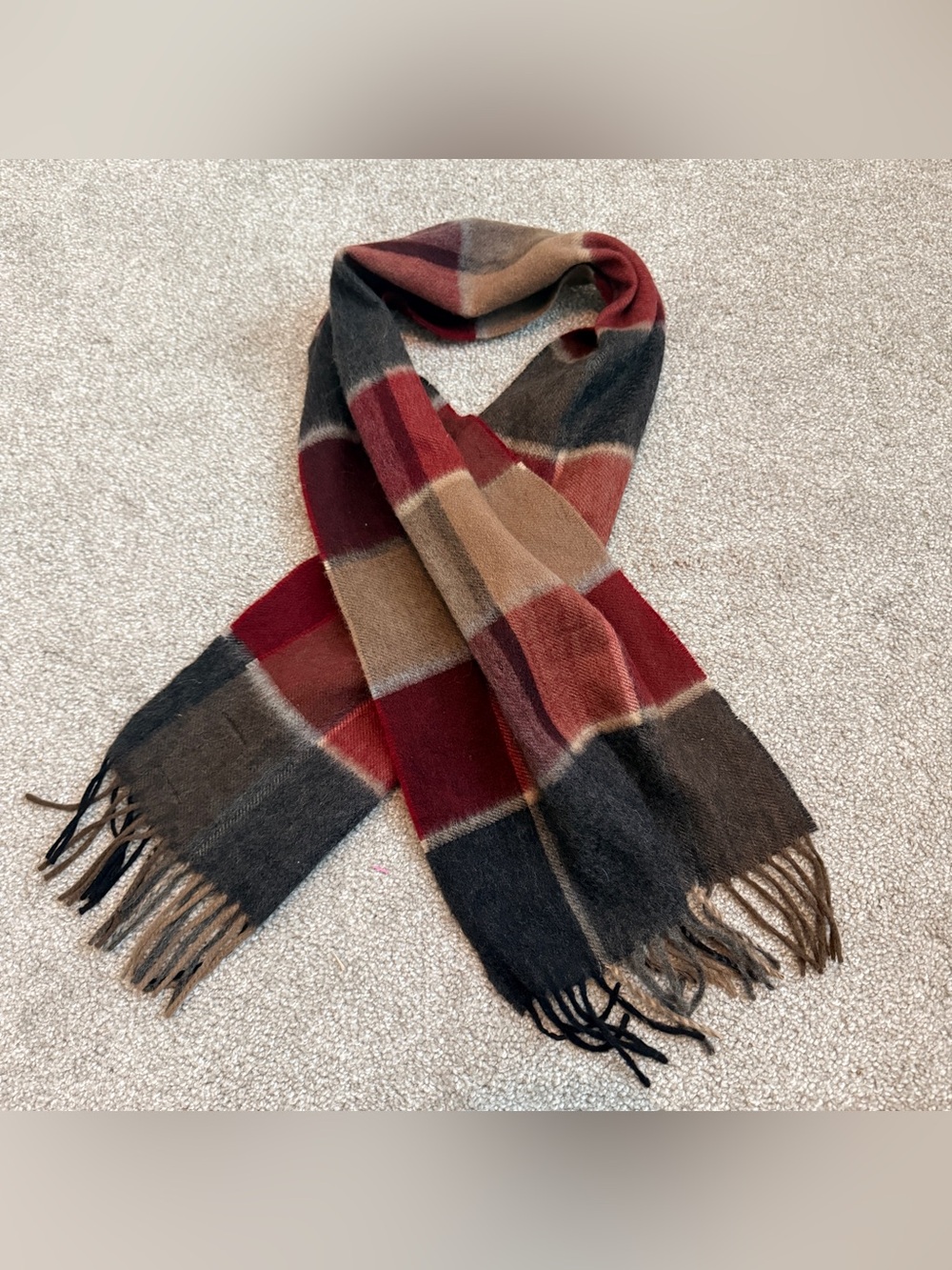 Vintage West Germany Kaschmir Cashmere Block Plaid Scarf Red Gray Beige